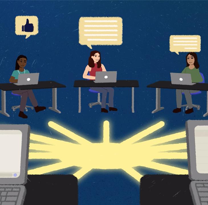Graphic from #Interfaith video showing cirlce of people on their computers with artistic lines between 