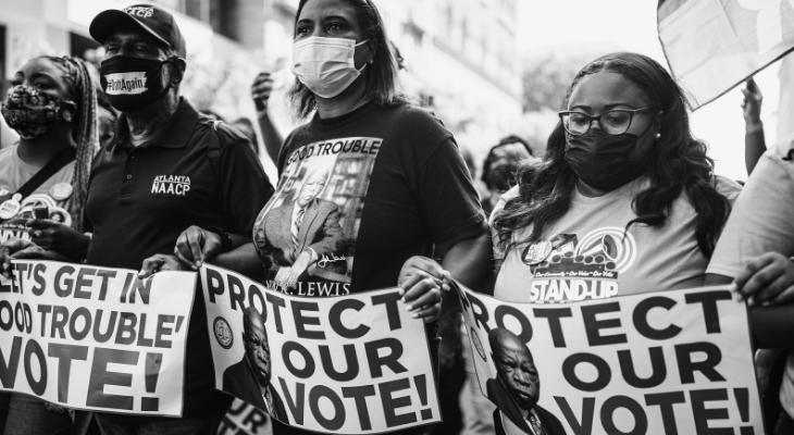 Protestors with Protect Our Vote signs in a line