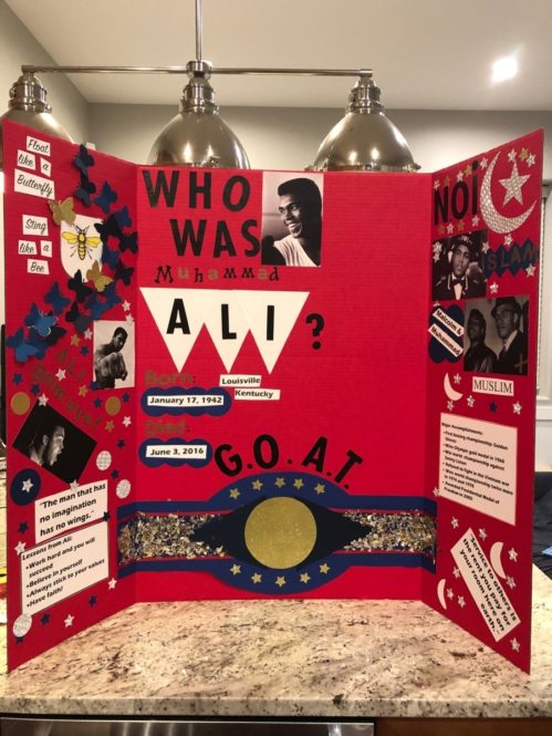 Sulayman's 3rd grade project on Ali. The quotation on the left reads, 