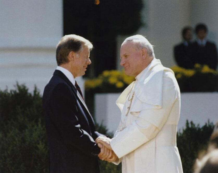 President Jimmy Carter greets Pope John Paul II, the first pope to visit the White House, in 1979. Photo courtesy of National Archives, Jimmy Carter Presidential Library and Museum