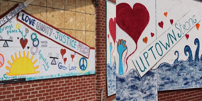 Paintings of Love, Unity, Justice, painted on brick walls around Kenosha, Wisconsin.