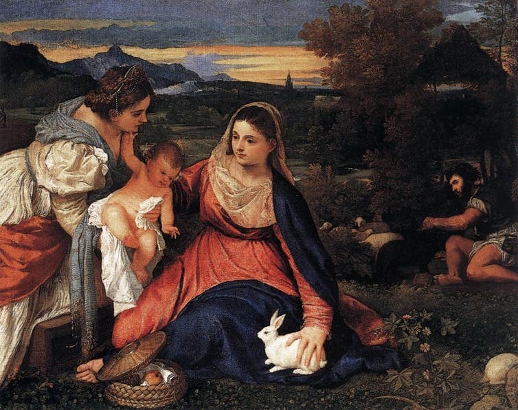 ‘The Madonna of the Rabbit,’ a painting from 1530, depicting the Virgin Mary with a hare. A painting by artist Titian (1490-1576), Louvre Museum, Paris