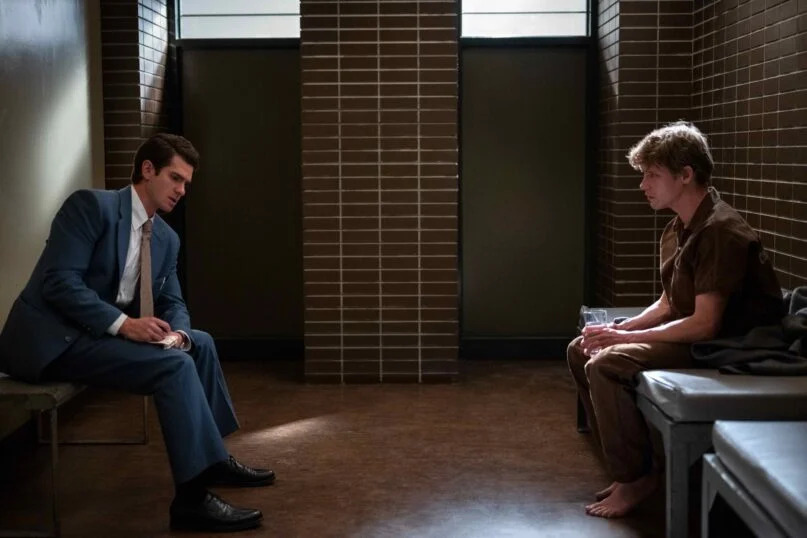 Andrew Garfield as Jeb Pyre, left, and Billy Howle as Allen Lafferty in the miniseries “Under the Banner of Heaven”. (Photo by Michelle Faye/FX)