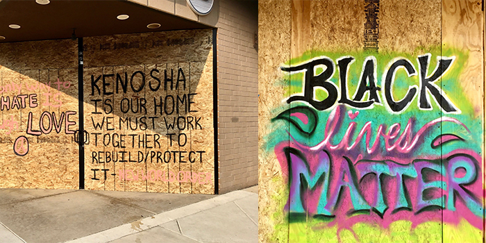 Black Lives Matter and messages of unity painted on plywood walls around Kenosha, Wisconsin