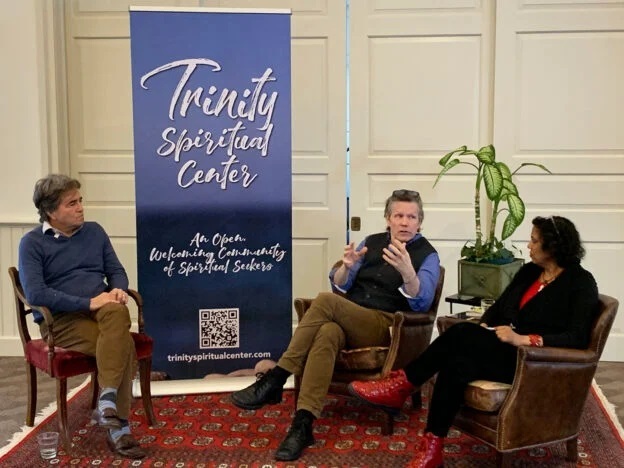 Mark Grayson, left, sits to talk with Mark Greene and family therapist Saliha Bava about “Relational Parenting: How to Grow Our Children’s Relational Super Powers.” Photo courtesy of Grayson