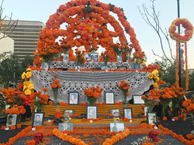 A large community altar, designed by Ofelia Esparza and Rosanna Esparza Ahrens, was displayed at Grand Park in downtown Los Angeles for Día de los Muertos, or Day of the Dead, in 2020. RNS photo by Alejandra Molina