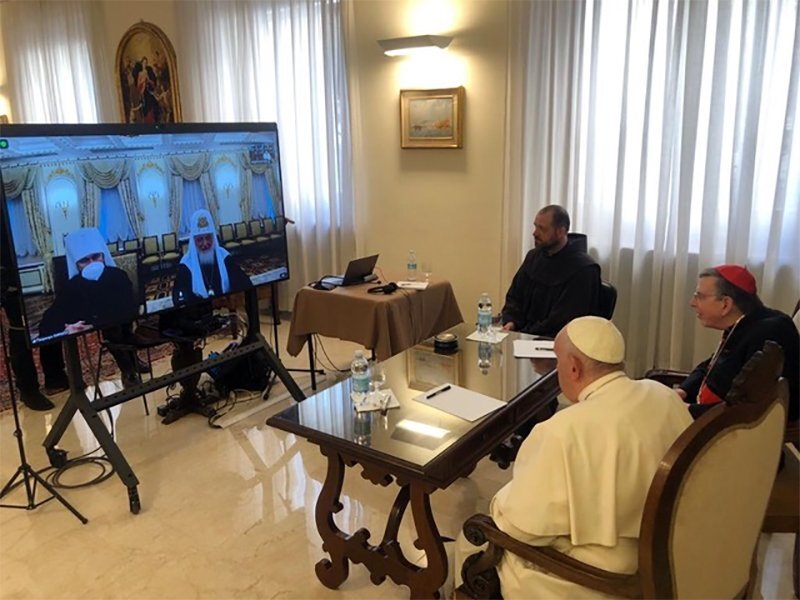 Pope Francis and Russian Orthodox Patriarch Kirill of Moscow meet via video March 16, 2022. Photo courtesy of Vatican Media