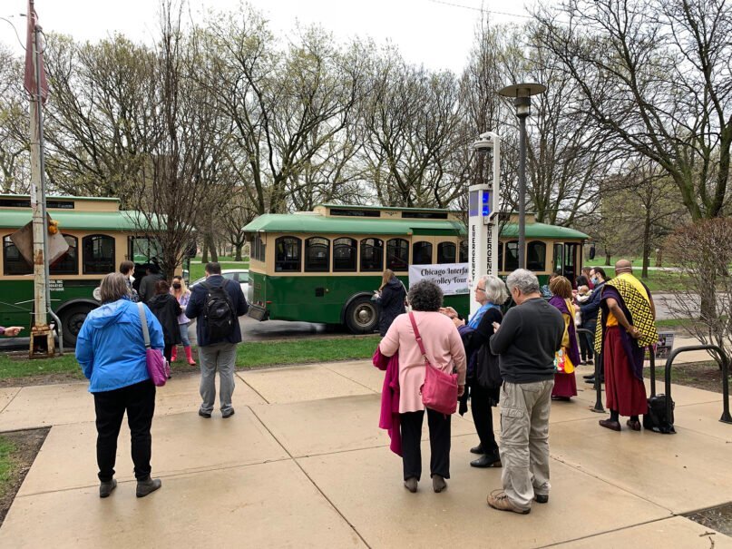 People gather to join the Chicago Interfaith Trolley Tour. RNS photo by Bob Smietana
