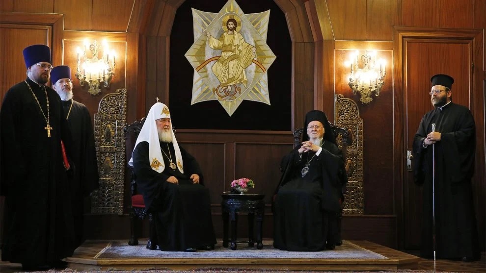 Ecumenical Patriarch Bartholomew I, center right, the spiritual leader of the world’s Orthodox Christians, sits with Patriarch Kirill of Moscow, center left, prior to their meeting at the Patriarchate in Istanbul on Aug. 31, 2018. (AP Photo/Lefteris Pitarakis)