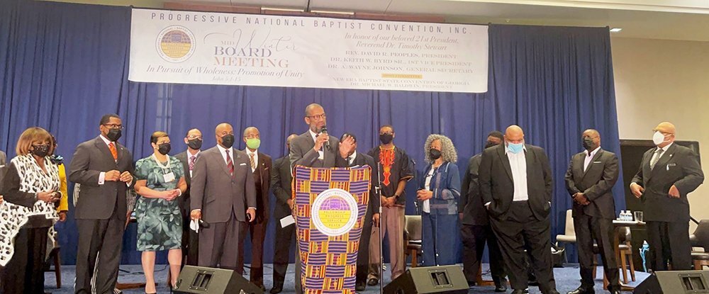 The Rev. Darryl Gray of St. Louis speaks beside a number of other leaders from the Progressive National Baptist Convention about voting rights at news conference in Atlanta on Jan. 18, 2022. Photo by Roy Lewis, courtesy of PNBC