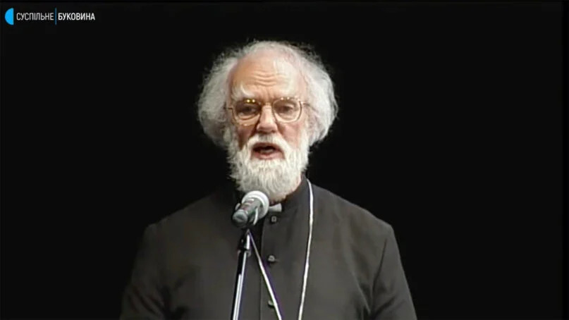 Former Archbishop of Canterbury Rowan Williams speaks during a the meeting of interfaith leaders. Video screen grab