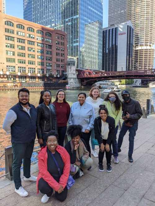 Group photo in front of Chicago river