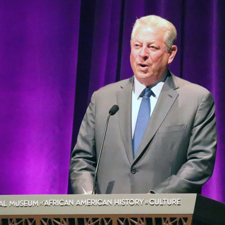 Al Gore stands at podium in front of purple curtain