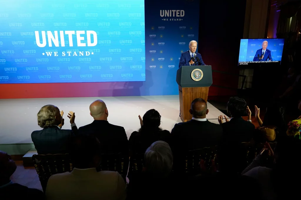 President Joe Biden speaks during the United We Stand Summit in the East Room of the White House in Washington, Thursday, Sept. 15, 2022. The summit is aimed at combating a spate of hate-fueled violence in the U.S., as he works to deliver on his campaign pledge to "heal the soul of the nation." (AP Photo/Susan Walsh)