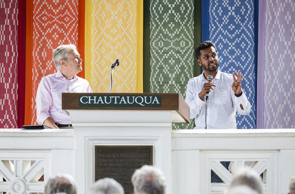 Wajahat Ali Discusses Alternative Facts On Islam With National Correspondent For "The Atlantic" James Fallows During The Interfaith Lecture Series On Friday, Aug. 18, 2017. (Photo credit: ERIN CLARK / CHAUTAUQUA STAFF PHOTOGRAPHER) Photo courtesy of Wajahat Ali site.