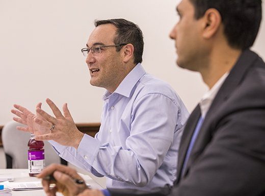John Inazu, Professor of Law at Washington University in St. Louis, left, and Eboo Patel, Visiting Professor and Founder & President of Interfaith America, teaching a class titled, "Religion, Politics, and the University," in 2018.
(Photo: Joe Angeles/WUSTL Photos)