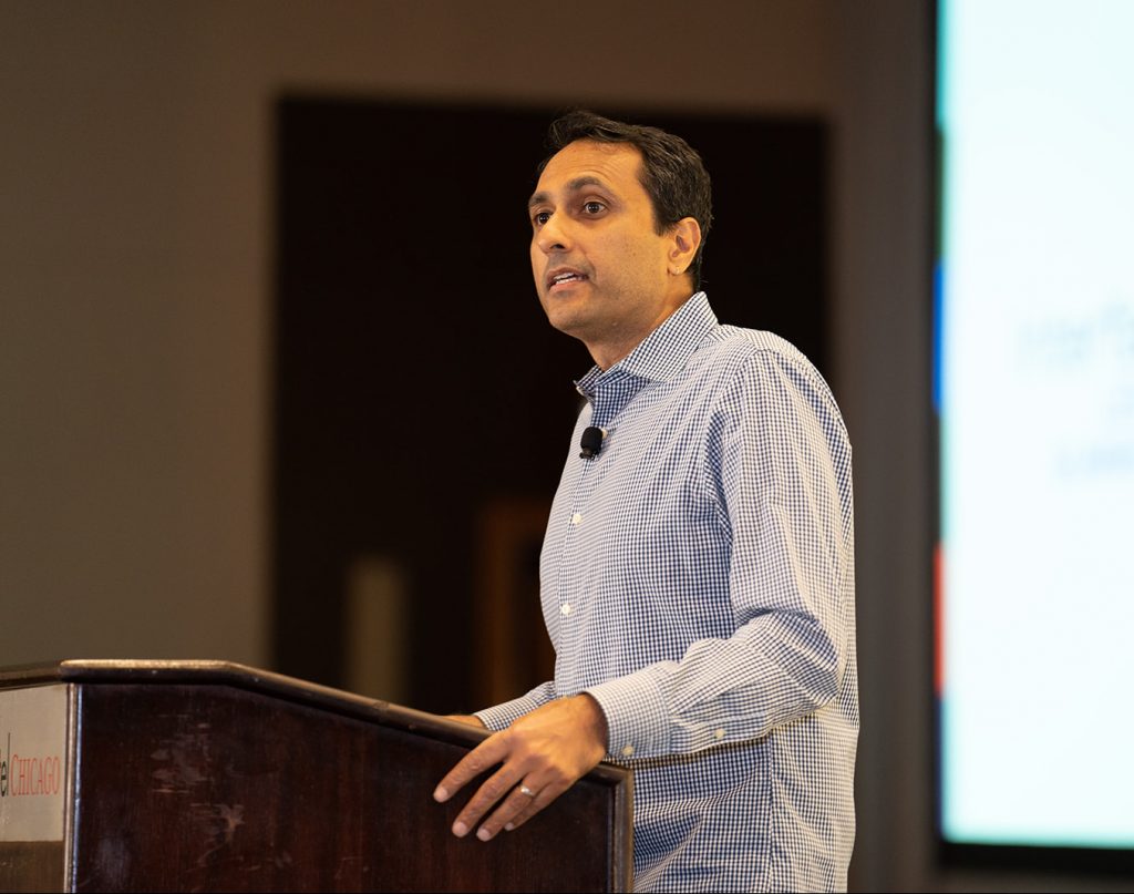 Eboo Patel speaking at Interfaith America's annual Interfaith Leadership Summit in Chicago, August 2022. 