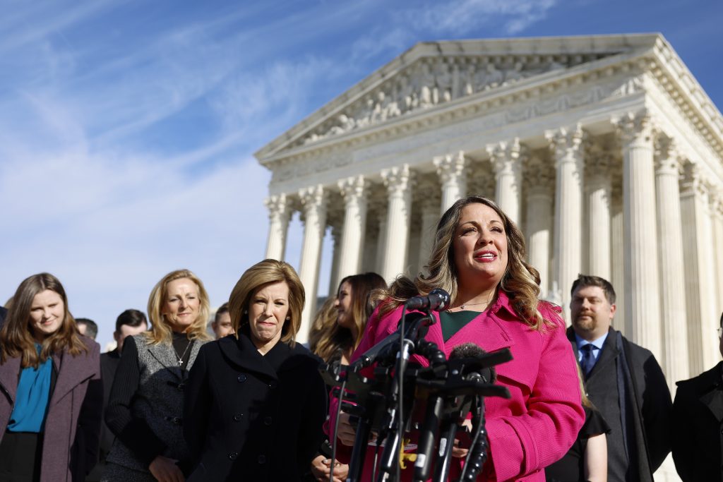 WASHINGTON, DC - DECEMBER 05: Lorie Smith, the owner of 303 Creative, a website design company in Colorado, speaks to reporters outside of the U.S. Supreme Court Building on December 05, 2022 in Washington, DC. (Photo by Anna Moneymaker/Getty Images)