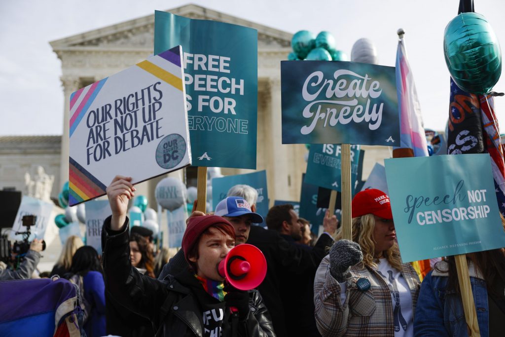 WASHINGTON, DC - DECEMBER 5: Supporters of web designer Lorie Smith and counter-protesters demonstrate in front of the U.S. Supreme Court Building on December 5, 2022 in Washington, DC. (Photo by Anna Moneymaker/Getty Images)