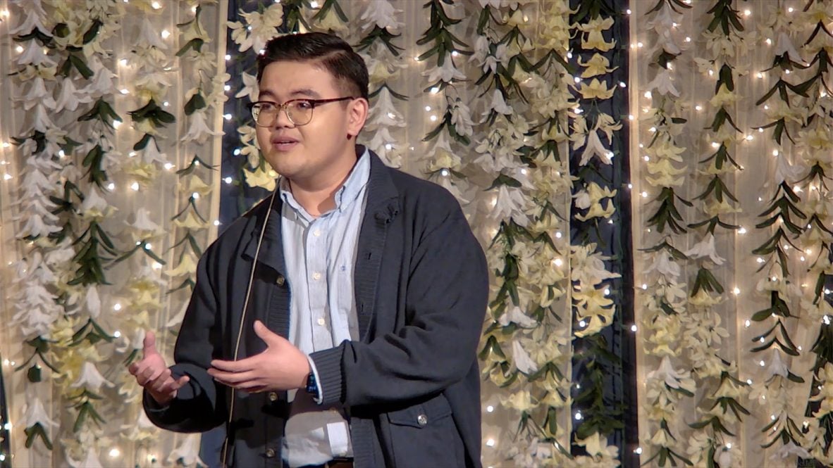 Michael Liga speaks at the Belief and Belonging Festival in Waco, Texas, in Nov. 2022. Video screen grab