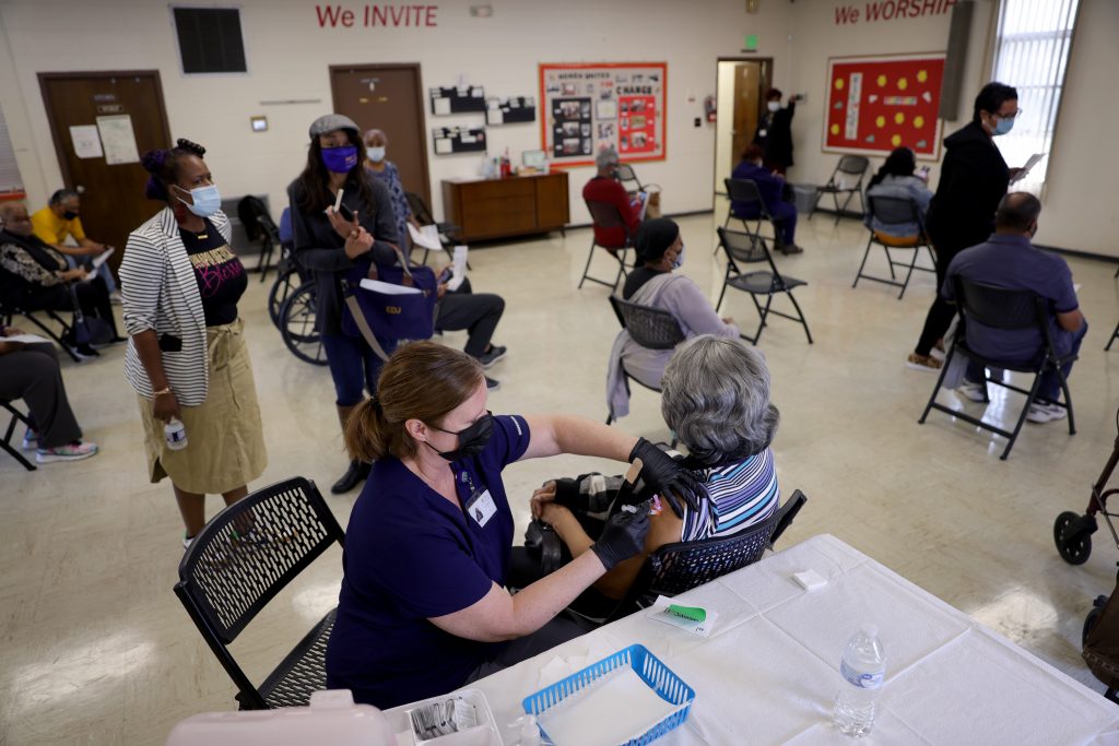 SEVERN, MARYLAND - MARCH 23: Maryland residents receive the COVID-19 vaccine through the community COVID-19 vaccination clinic at the Metropolitan United Methodist Church March 23, 2021 in Severn, Maryland.  (Photo by Win McNamee/Getty Images)
