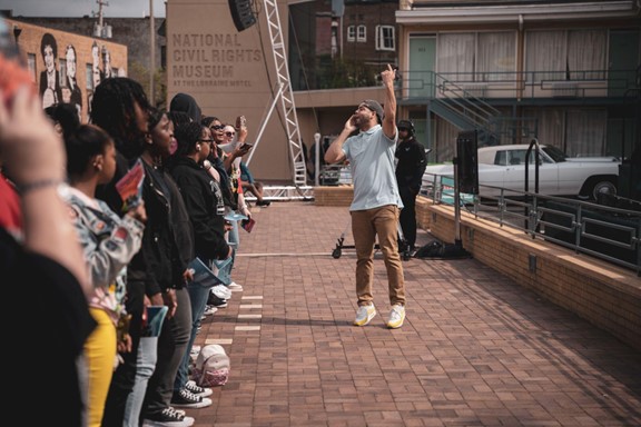 Memphis rapper-actor Chris Franceschi performing outside of the National Civil Rights Museum at the Lorraine Motel on April 4, 2023, the 55th anniversary of the assassination of Dr. Martin Luther King Jr at that same location.  Photo credit: Andrea Morales
