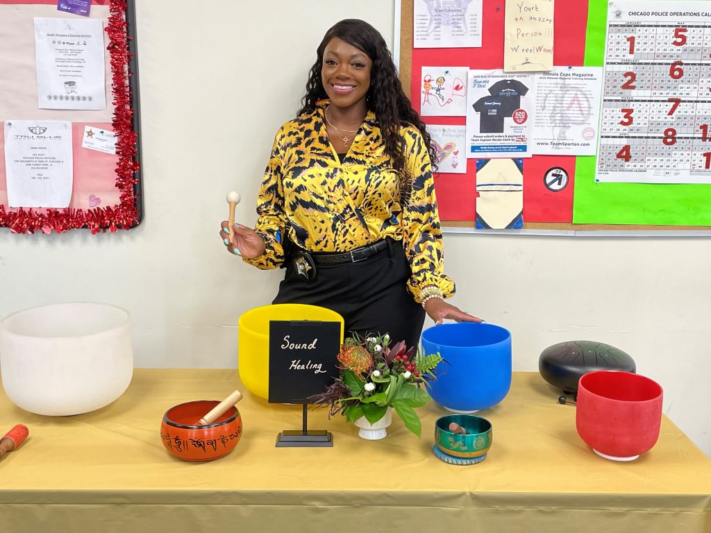 Jermira Trapp at at sound healing station at a mental health event at her workplace. Courtesy image