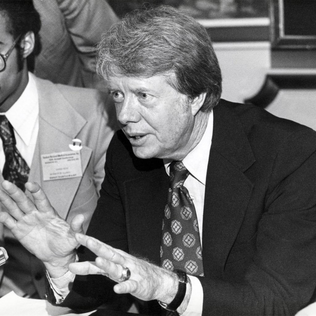 Governor Jimmy Carter (Democrat of Georgia), a candidate for the 1976 Democratic Party nomination, appears at an event in Washington, DC.