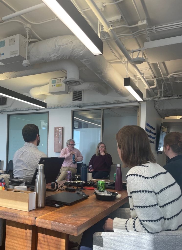 Jason DeRose and Monique Parsons speak at the RNS/IA Religion Journalism Fellowship Writing Workshop on November 11, 2024.