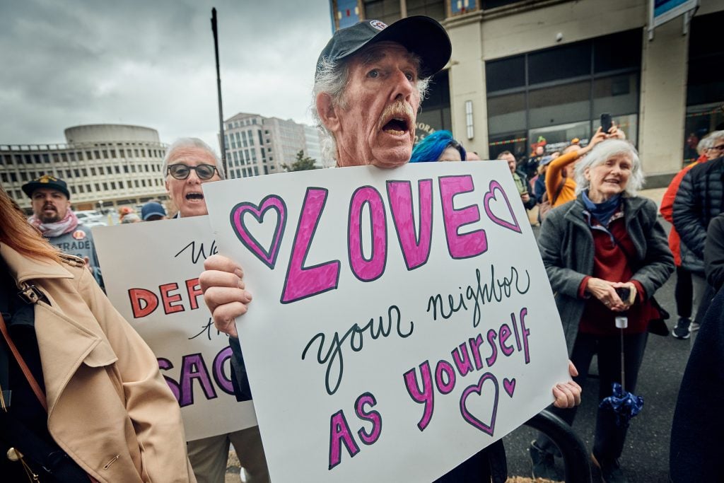 People protest outside the offices of U.S. Immigration and Customs Enforcement, Thursday, April 3, 2025, in Philadelphia. (Photo by Rodney Atienza/New Sanctuary Movement)