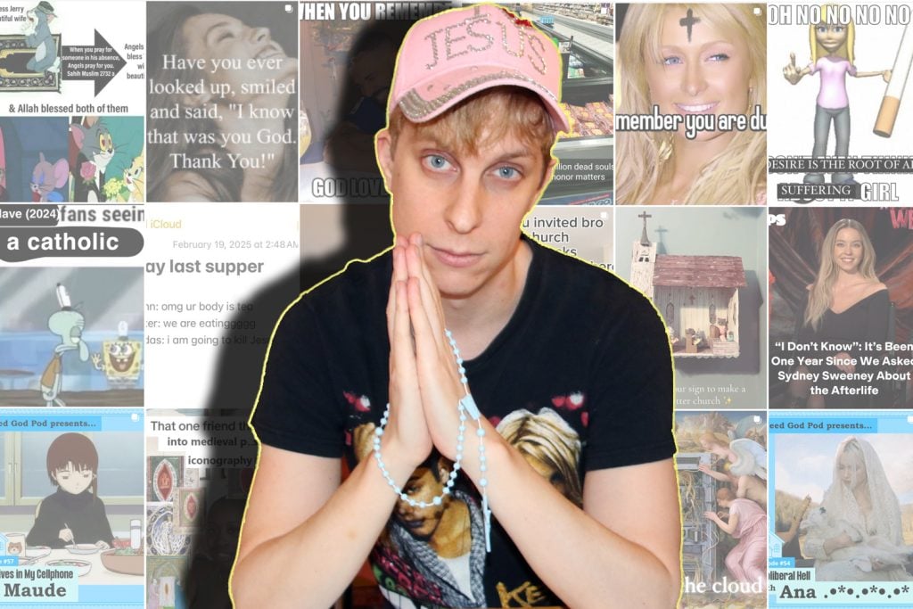 Kyle Hide in front of a variety of "I Need God in Every Moment of My Life" Instagram posts. (RNS illustration; Photo by Fiona Murphy)