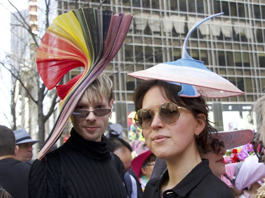 Revelers wearing decorated hats participate in the annual Easter Parade and Bonnet Festival in front of St. Patrick's Cathedral on Sunday, April 20, 2025, in New York City. (Photo by Fiona Murphy)