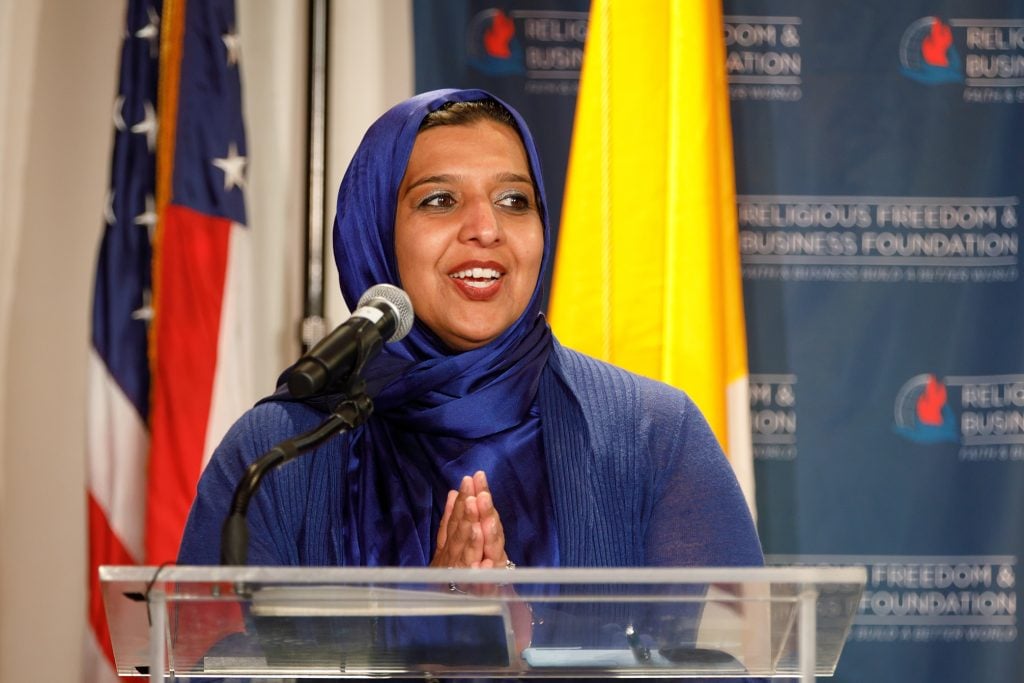 Sumreen Ahmad speaks at the gala dinner at the Religious Freedom & Business Foundation’s Dare to Overcome conference on May 21 at the Catholic University of America in Washington D.C.  Photos courtesy of Religious Freedom & Business Foundation.