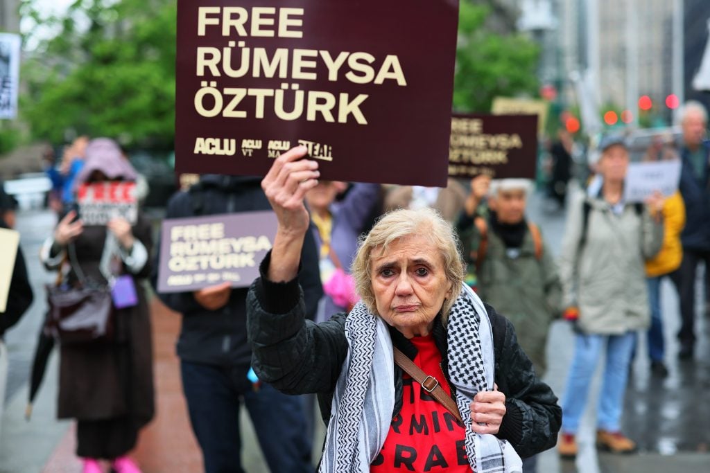 NEW YORK, NEW YORK - MAY 06: People gather for a rally in support of Tufts University student Rumeysa Ozturk and Columbia University student activist Mohsen Mahdawi in Foley Square on May 06, 2025 in New York City. (Photo by Michael M. Santiago/Getty Images)
