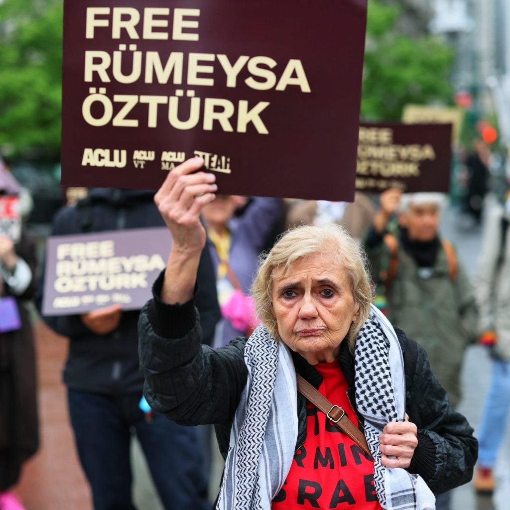 NEW YORK, NEW YORK - MAY 06: People gather for a rally in support of Tufts University student Rumeysa Ozturk and Columbia University student activist Mohsen Mahdawi in Foley Square on May 06, 2025 in New York City. A federal appeals court heard arguments in the cases of Ozturk, a Turkish student at Tufts University who has spent six weeks in immigration detention, and Mahdawi, a Palestinian student at Columbia University recently released from custody. The Justice Department is challenging rulings by two federal judges in Vermont and is seeking to consolidate both cases, citing overlapping legal questions. A district court judge has also ordered that Ozturk be transferred from a Louisiana detention facility to Vermont for hearings to determine whether she was illegally detained. (Photo by Michael M. Santiago/Getty Images)