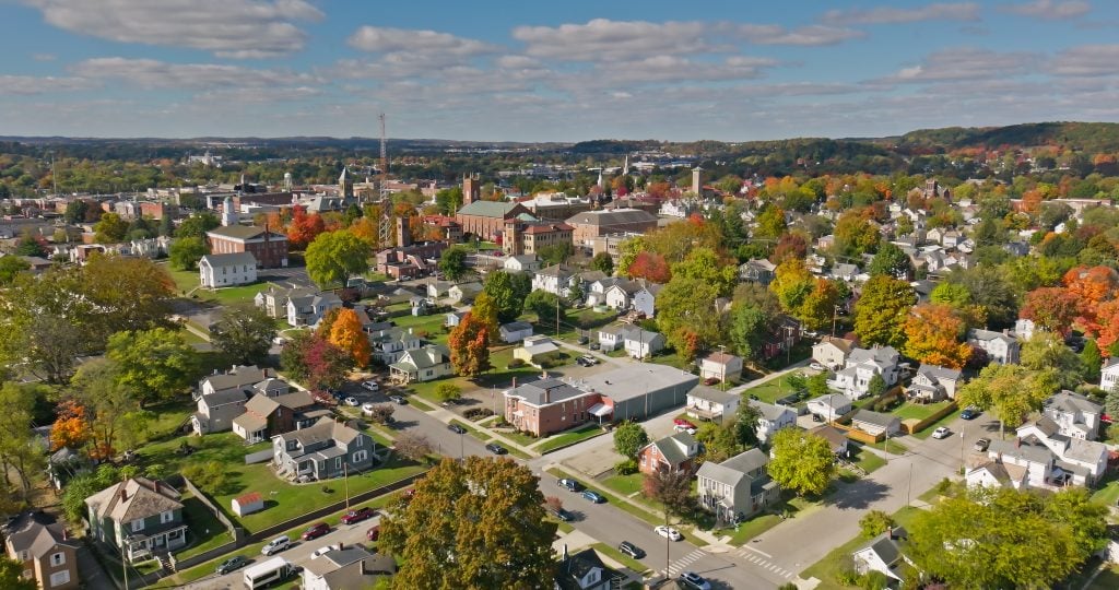 Aerial view of Lancaster, a city in Fairfield County, Ohio, on a sunny day in Fall.