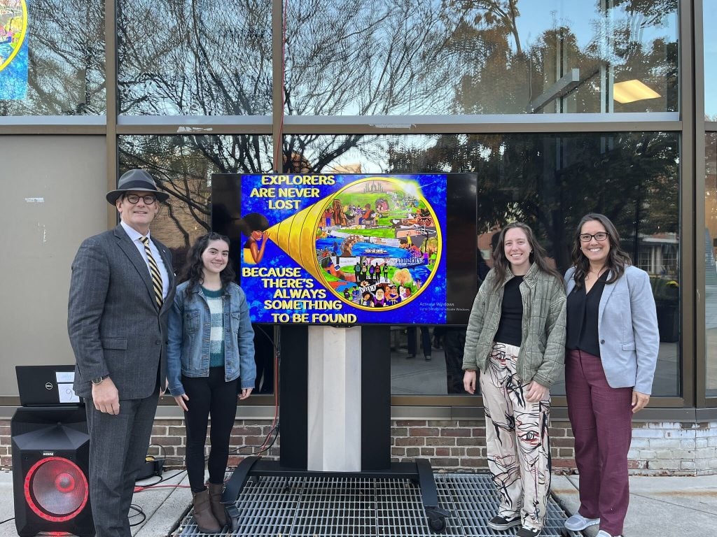 Philadelphia-based muralist Becky McIntyre, worked with undergraduate student Grace McKenna to create a digital mural for La Salle University’s campus. Photo courtesy of Grace McKenna