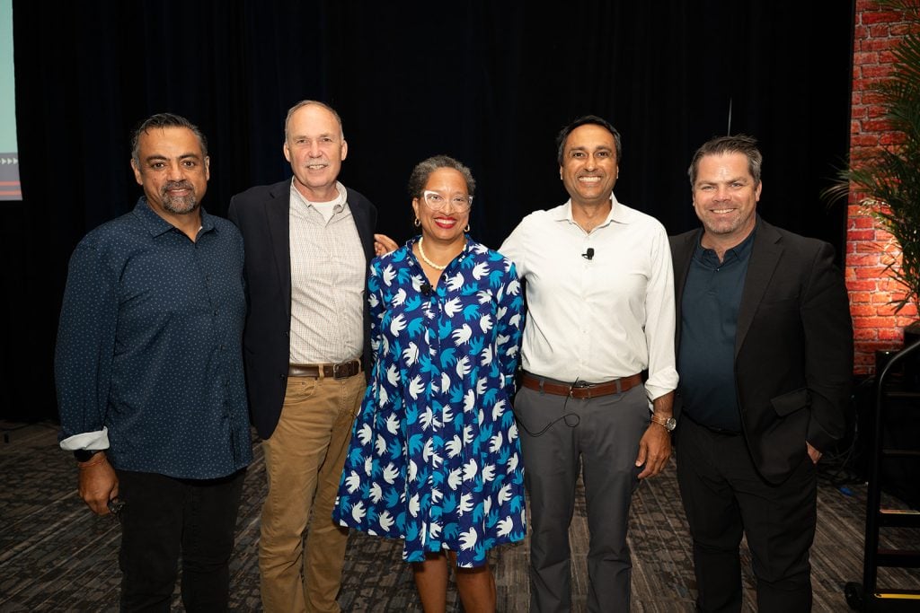 Opening plenary speakers Rahul Sharma (left), Mark Rodgers (center left), Allison Briscoe-Smith (center), Eboo Patel (center right), and Adam Phillips (right) at the 2025 Interfaith Leadership Summit in Chicago on Aug. 8, 2025.  