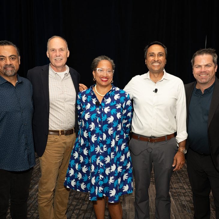 Opening plenary speakers Rahul Sharma (left), Mark Rodgers (center left), Allison Briscoe-Smith (center), Eboo Patel (center right), and Adam Phillips (right) at the 2025 Interfaith Leadership Summit in Chicago on Aug. 8, 2025.  