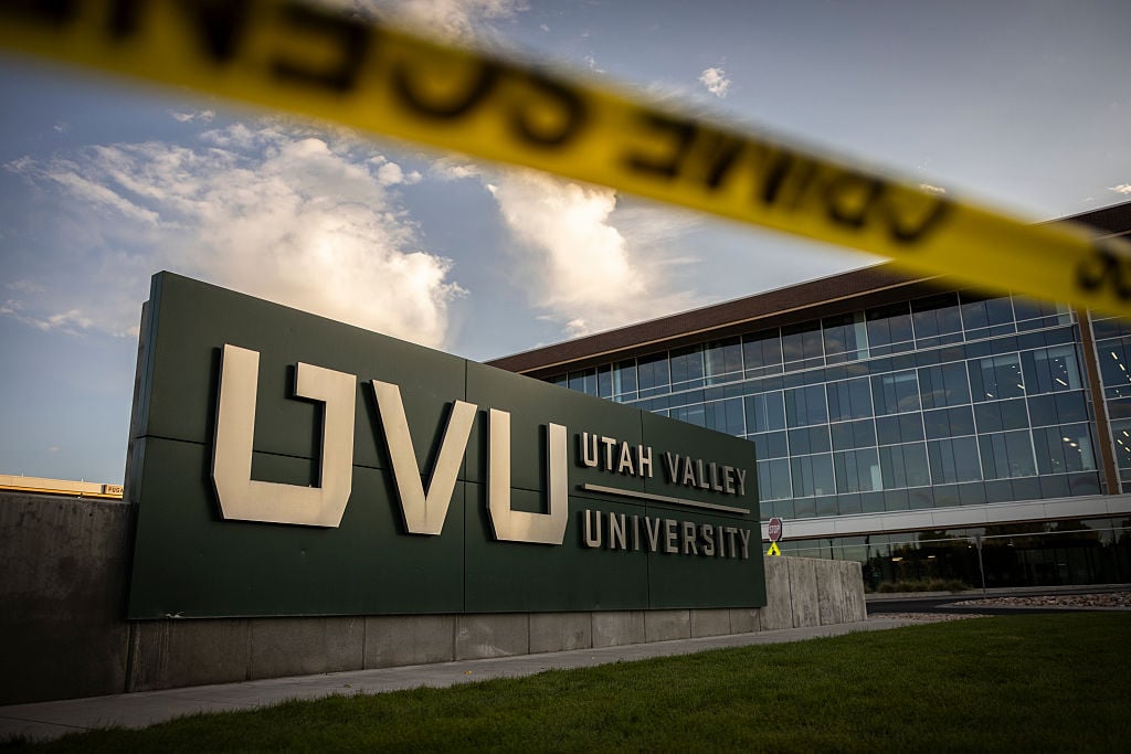 OREM, UTAH - SEPTEMBER 13: Crime scene tape stands in front of Utah Valley University following the fatal shooting of political activist Charlie Kirk on Sept. 13, 2025 in Orem, Utah. (Photo by Chet Strange/Getty Images)