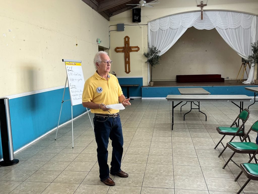 Miguel leads a freedom school in a Catholic church's meeting hall, Oct. 12, 2025, in Los Angeles. (RNS photo/Aleja Hertzler-McCain)