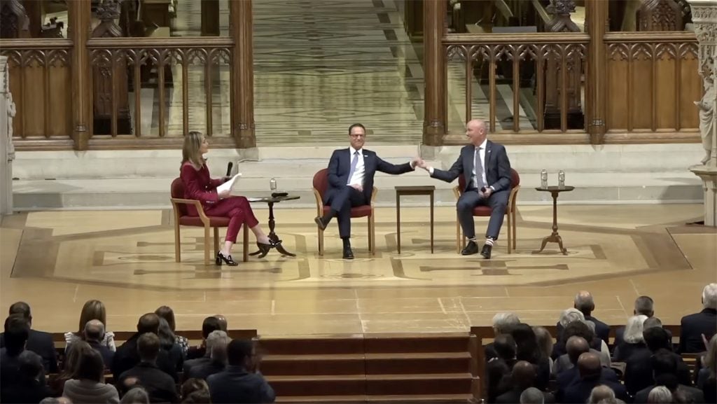 Utah Gov. Spencer Cox, right, and Pennsylvania Gov. Josh Shapiro, center, participate in a discussion titled “Toward a Better Politics,” moderated by Savannah Guthrie, left, Tuesday, Dec. 9, 2025, at Washington National Cathedral in Washington. (Video screen grab)