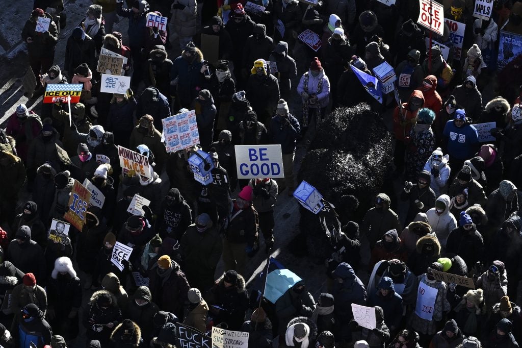 MINNEAPOLIS, MINNESOTA - JANUARY 23: Demonstrators participate in a rally and march during an "ICE Out” day of protest on January 23, 2026 in Minneapolis, Minnesota. Community leaders, faith leaders and labor unions have urged Minnesotans to participate in what they are calling a "day of action" as hundreds of local businesses are expected to close during a statewide general strike held in protest against immigration enforcement operations in the region. (Photo by Stephen Maturen/Getty Images)