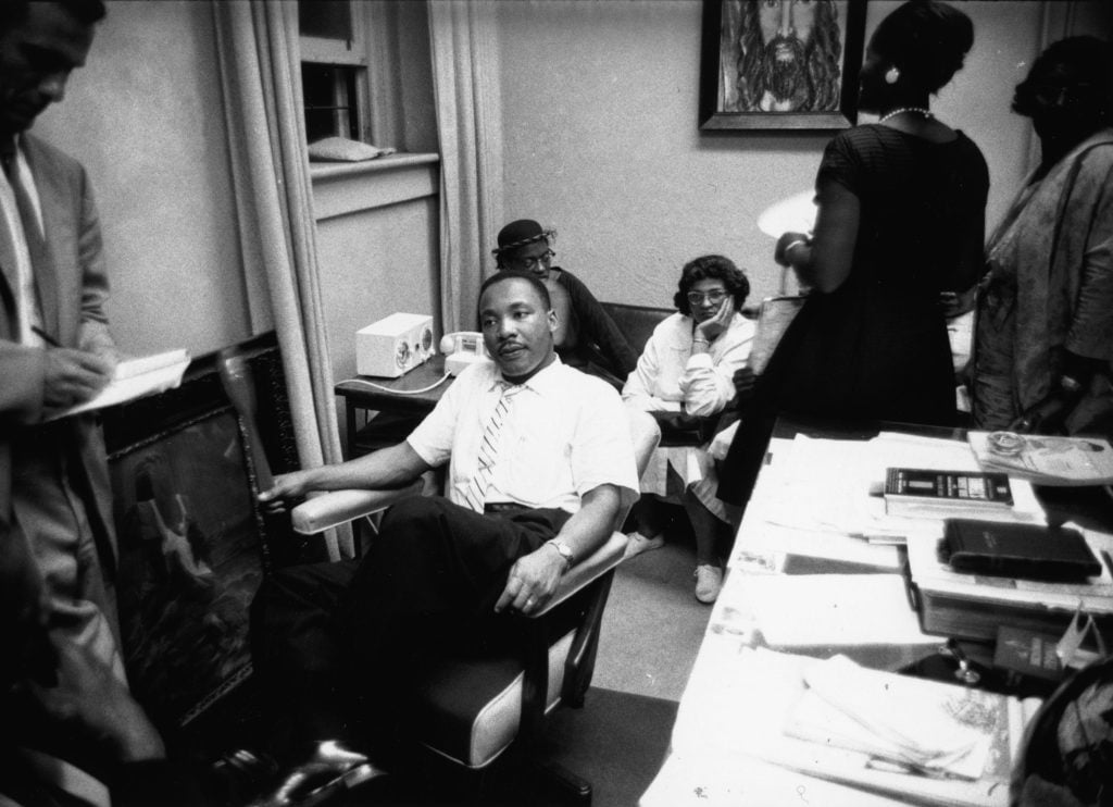 View of American clergyman and civil rights campaigner Martin Luther King Jr (1929  - 1968) (centre) and others as they sit in First Baptist Church, Montgomery, Alabama, May 22, 1961. (Photo by William Lovelace/Express/Getty Images)