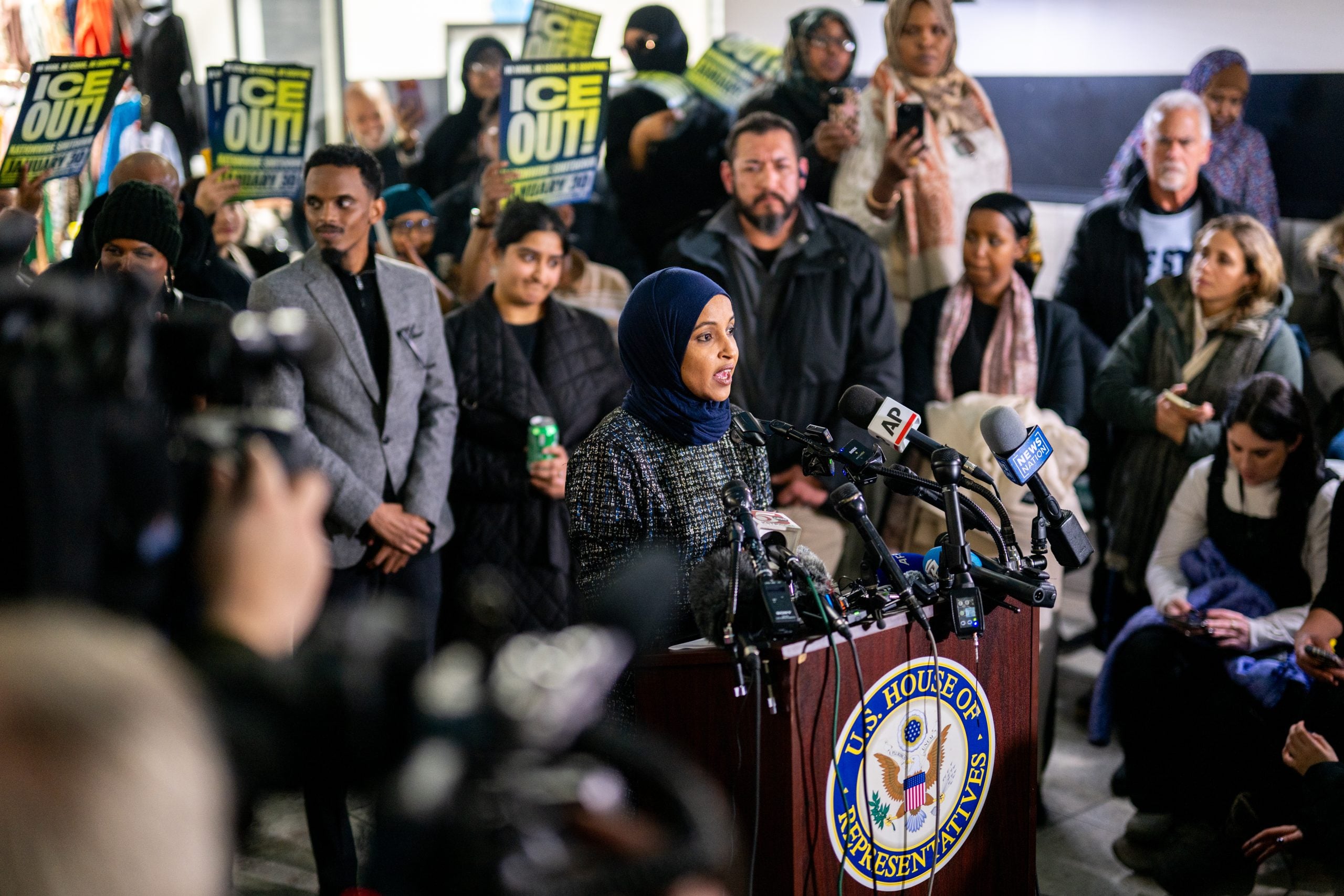 MINNEAPOLIS, MINNESOTA - JANUARY 28: Rep. Ilhan Omar (D-MN) speaks during a press conference at the Karmel Mall on January 28, 2026 in Minneapolis, Minnesota. Omar continues to rally with community members after facing an attempted attack by a person who charged her podium with a syringe as she spoke yesterday at a town hall gathering. Protests and demonstrations continue around Minneapolis in the aftermath of the killings of Alex Pretti and Rene Nicole Good by federal law enforcement. (Photo by Brandon Bell/Getty Images)