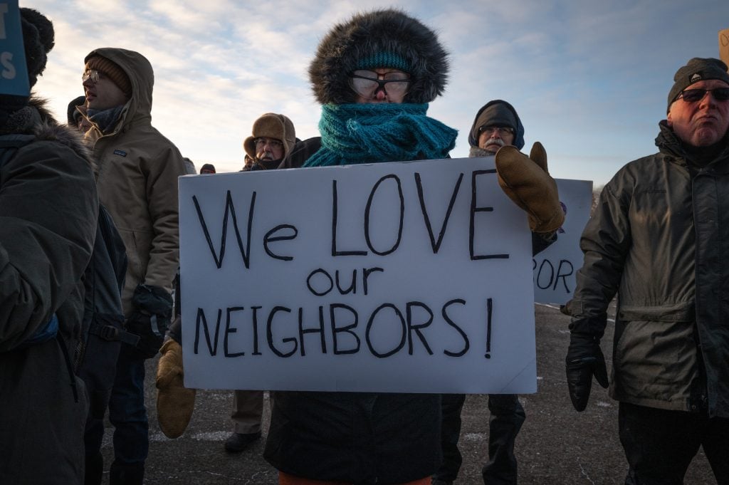 MINNEAPOLIS, MINNESOTA - JANUARY 30: Demonstrators participate in a protest at the Whipple federal building organized by religious leaders calling for an end to ICE operations in Minnesota on January 30, 2026 in Minneapolis, Minnesota. Protests have sparked up around the Twin Cities area following the deaths of Renee Good on January 7, and Alex Pretti on January 24 by federal immigration agents.  (Photo by Scott Olson/Getty Images)