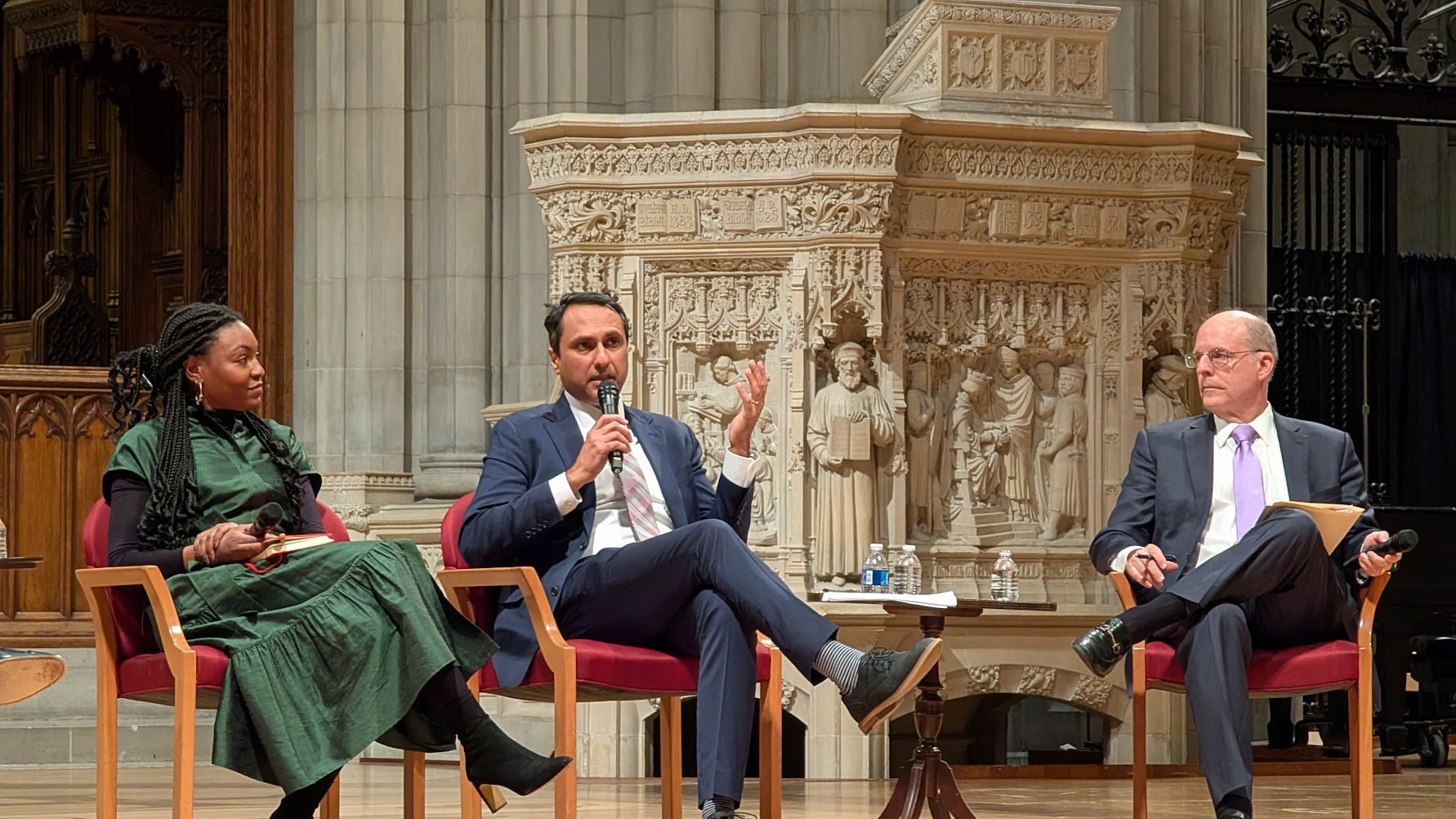 Eboo Patel recently joined the Very Rev. Randolph Marshall Hollerith along with Christine Emba and Peter Wehner at the Washington National Cathedral for a timely conversation about how religion shapes political life in the United States. Photo credit: Interfaith America