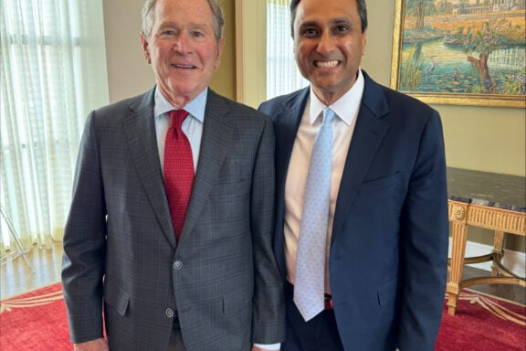 Interfaith America Founder and President Eboo Patel with President George W. Bush at the 2026 Forum on Leadership on April 16 at the George W. Bush Presidential Center in Dallas, Texas.