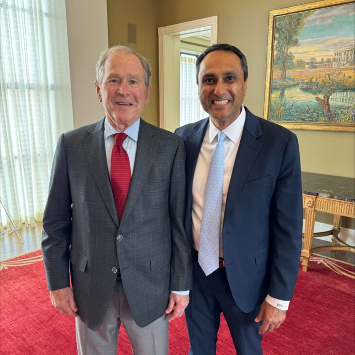 Interfaith America Founder and President Eboo Patel with President George W. Bush at the 2026 Forum on Leadership on April 16 at the George W. Bush Presidential Center in Dallas, Texas.