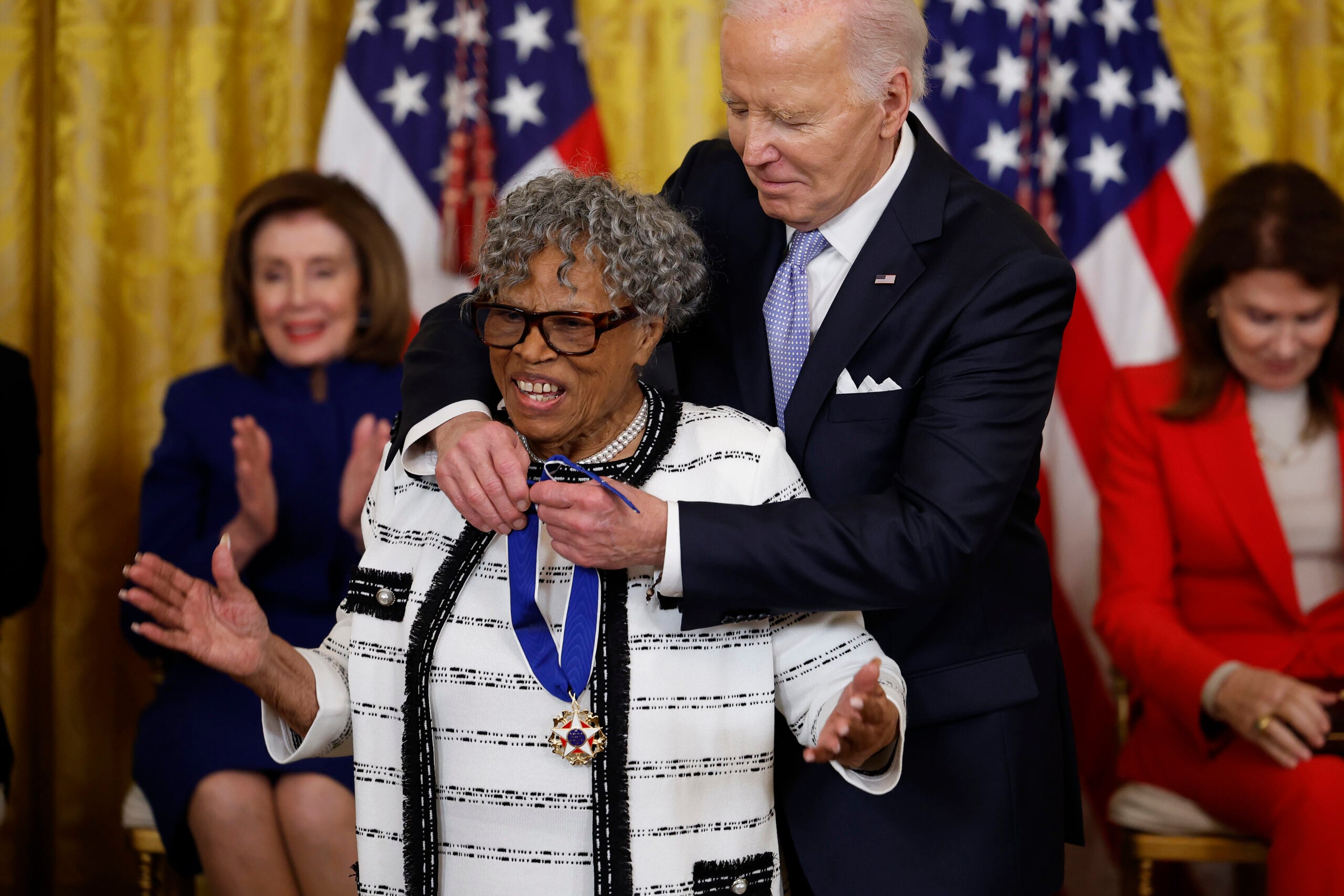 WASHINGTON, DC - MAY 03: U.S. President Joe Biden awards the Medal of Freedom to Educator and activist Opal Lee during a ceremony in the East Room of the White House on May 3, 2024 in Washington, DC. President Biden awarded the Presidential Medal of Freedom, the Nation’s highest civilian honor, to 19 individuals including political leaders, civil rights icons and other influential cultural icons. (Photo by Kevin Dietsch/Getty Images)